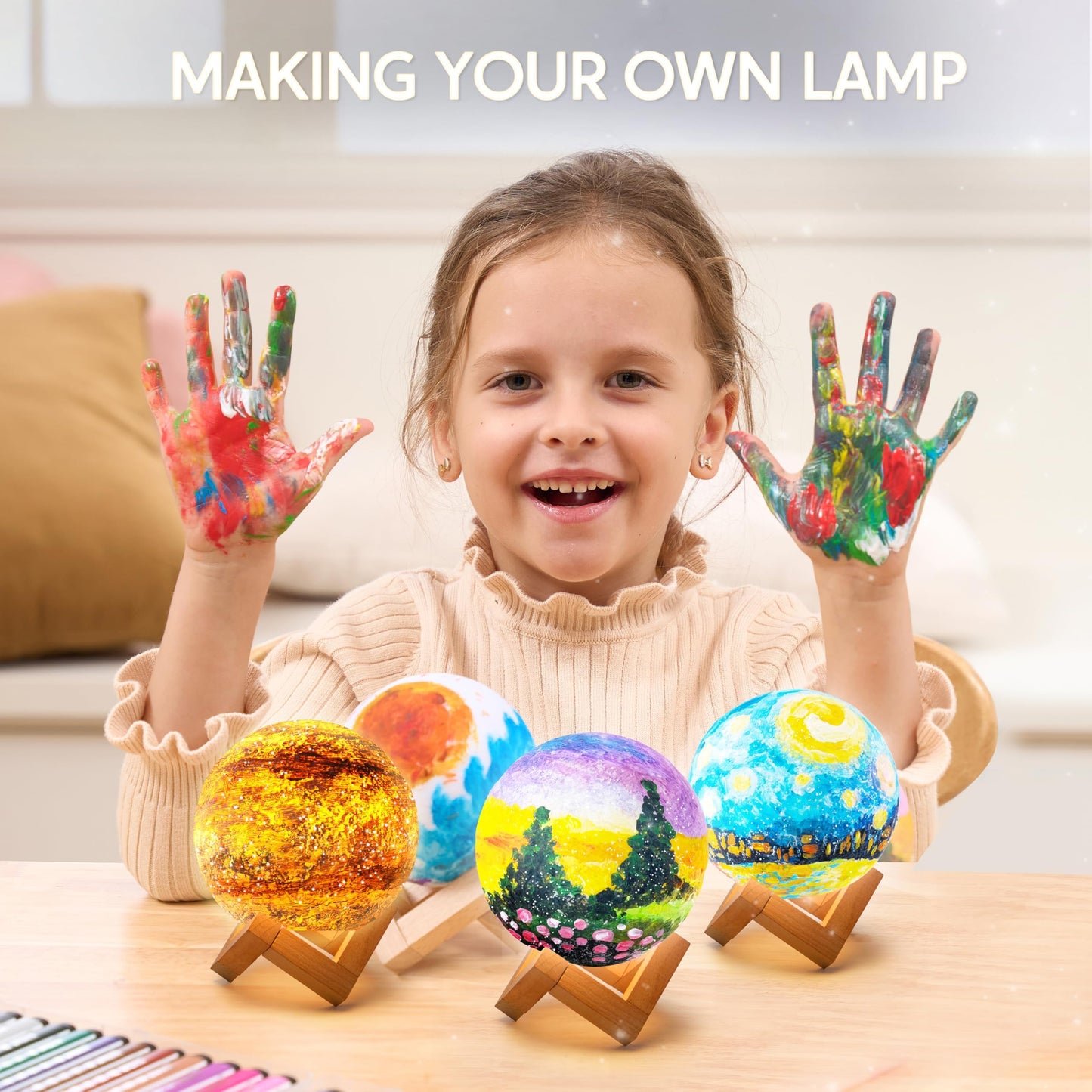 Clever Kits Crafting Moon Lamp Painting Set, DIY Moon Lamp Painting Creative Set for Kids, Craft Kit for children aged 6 7 8 9 10 11 12 years, Gifts for Girls 6-12 years, 3D Painting Night Light