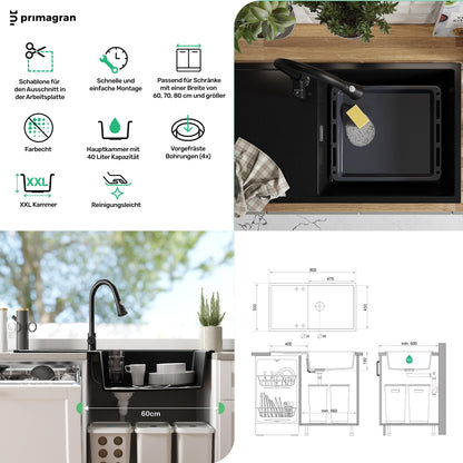 PRIMAGRAN granite sink black 90x50cm, granite sink 1 bowl + drain set, kitchen sink from 60cm base cabinet - Ibiza S034