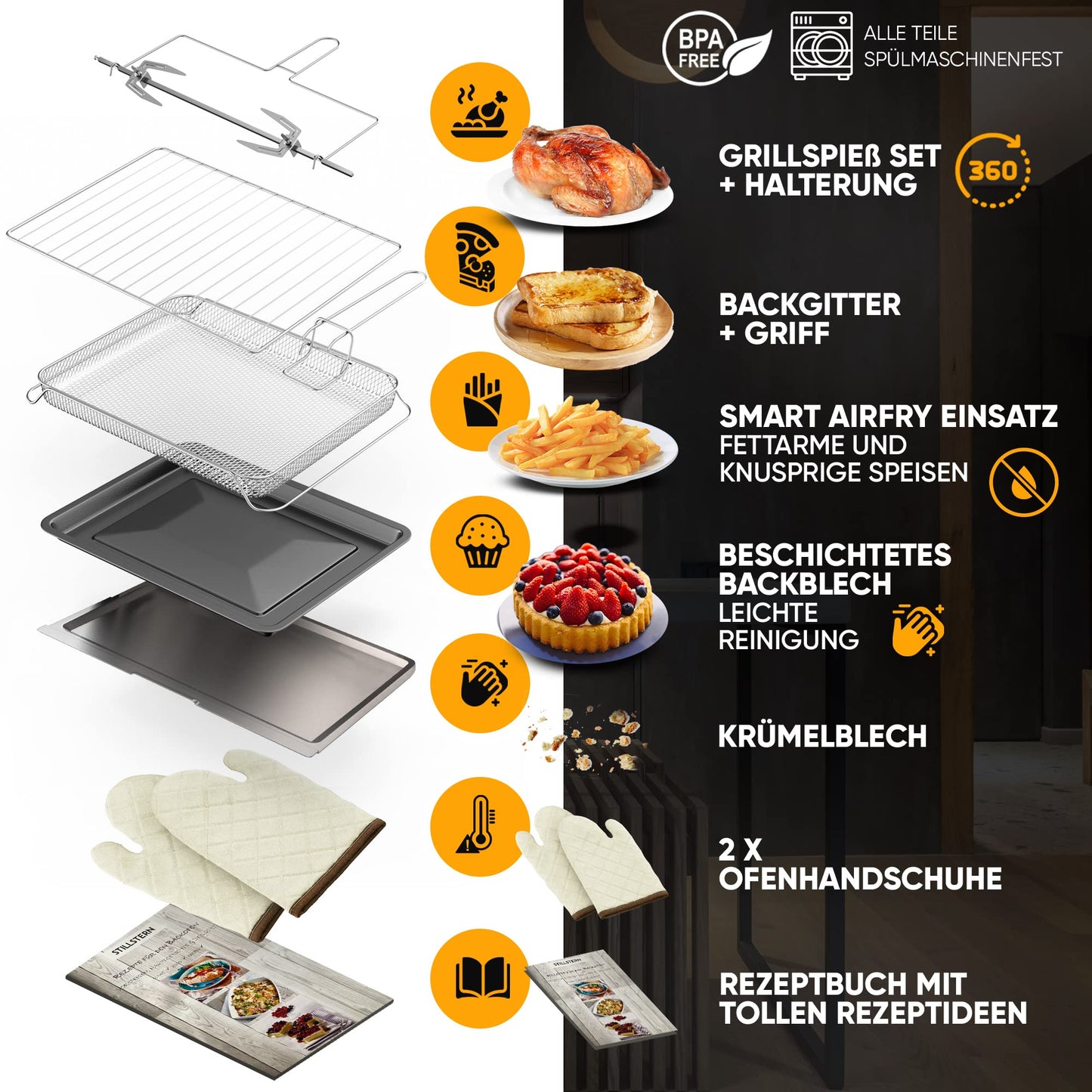 Stillstern Mini Oven with convection (35L) DE Version, Pizza Ø28cm, NEW: CYCLONE PRO+ (non-stick coating), 13 programs, defrosting & keeping warm, 8h timer, recipe book, Mini Oven Pizza Oven Grill