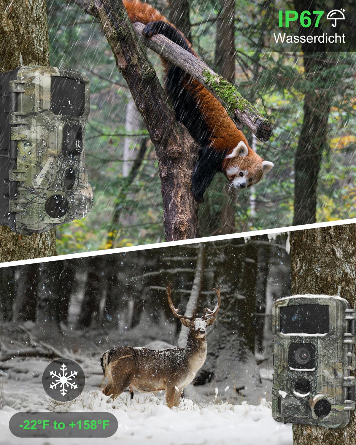 KJK wildlife camera with mobile transmission APP, 4K 64MP HD WLAN Bluetooth with 64GB memory card, motion sensor night vision camera, 0.1s trigger, IP67 waterproof, 130° wide angle