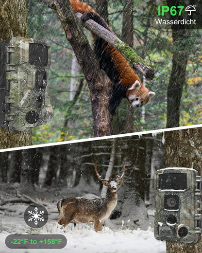KJK wildlife camera with mobile transmission APP, 4K 64MP HD WLAN Bluetooth with 64GB memory card, motion sensor night vision camera, 0.1s trigger, IP67 waterproof, 130° wide angle