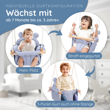 AMAZING Baby and Toddler Swing | Adjustable baby swing. Complete set with hanging kit for indoor and outdoor use | 3-in-1 solution for babies and children from 7 months to 3 years - Blue
