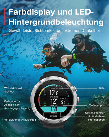 SUUNTO D5 dive computer with color display, 100m water resistant, alarm function, stopwatch, weather information, compass, and up to 12 hours battery life in dive mode
