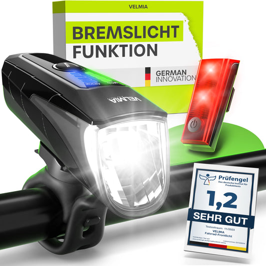 Velmia LED bike lights set approved for road use with USB battery operation and 8.5h runtime I rainproof and rechargeable light, bike accessory, front + rear light