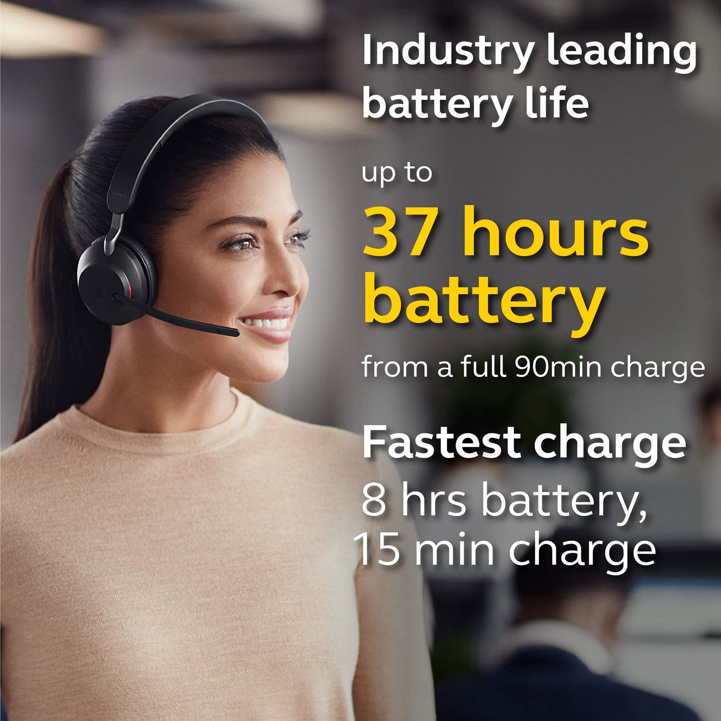 Jabra Evolve2 65 is a wireless PC headset with a charging stand. It has noise-canceling, Microsoft Teams certification, stereo sound, and a long-lasting battery. The set includes a USB-A Bluetooth adapter. Available in black.