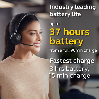 Jabra Evolve2 65 is a wireless PC headset with a charging stand. It has noise-canceling, Microsoft Teams certification, stereo sound, and a long-lasting battery. The set includes a USB-A Bluetooth adapter. Available in black.