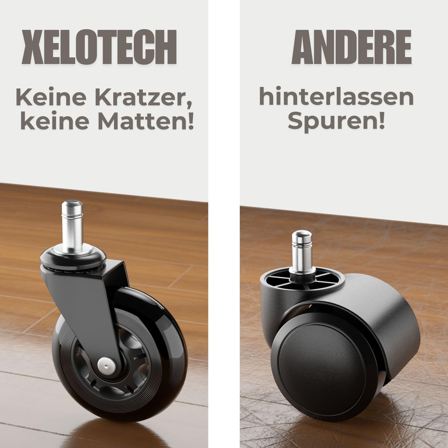 XeloTech hard floor casters for office chair, 5 pieces, 11mm x 22mm, Black Edition. Very quiet office chair casters - No need for floor mat - No scratches on the floor with these premium casters.