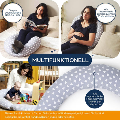 Niimo XXL+ 2-in-1 Pregnancy & Nursing Pillow - Includes Support Wedge, 100% Cotton Cover with Fiber Filling, 100% Washable, Ergonomic & Multifunctional, Grey with White Hearts (200 x 70 cm)