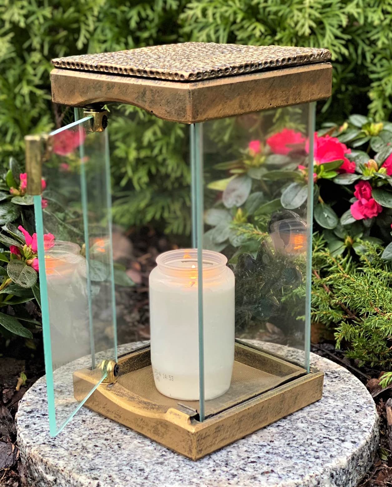 Garden Paradise Handmade Grave Lamp with Door - New model with inscription 'We miss you' Grave light candle Grave decoration Grave ornament 24 cm H. incl. grave candle, Black Gold