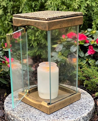 Garden Paradise Handmade Grave Lamp with Door - New model with inscription 'We miss you' Grave light candle Grave decoration Grave ornament 24 cm H. incl. grave candle, Black Gold