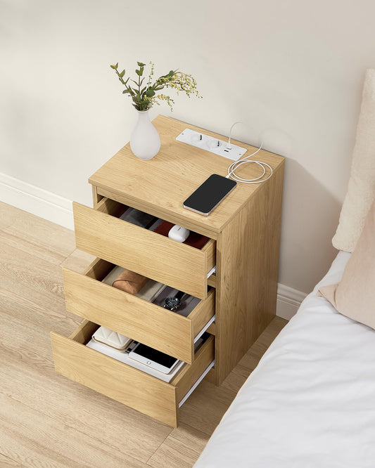 VASAGLE Kailyn Collection - Nightstand with Power Strip, Side Table, 3 Drawers, 2 AC Outlets, 2 USB-A Ports, Modern, Straw Yellow LET631Y70