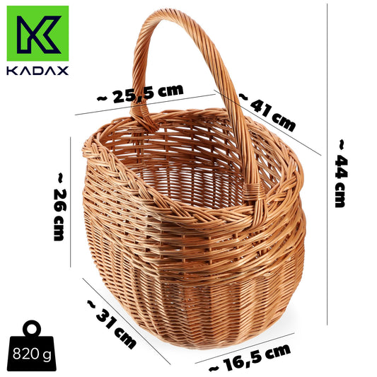 KADAX Willow Basket for Mushrooms, Oval Basket for Shopping, Sturdy Picnic Basket with Handle, Bottle Basket, Garden Basket, Carry Basket (Brown, 41x25x44cm)