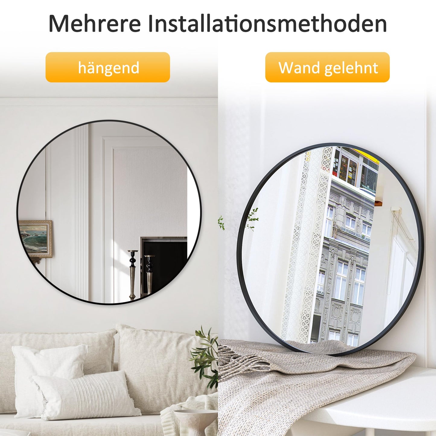 Goeze's Round Mirror Black 60cm Round Bathroom Mirror Black Metal Frame Mirror Decorative Bathroom Wall Mirror for Bathroom, Living Room, Guest WC