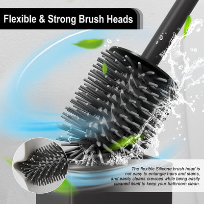 BVL WC Brushes & Holder Black, 2 Piece Metal Toilet Brush Including 4 Brush Heads, Free-standing Square Silicone Toilet Brush for the Bathroom