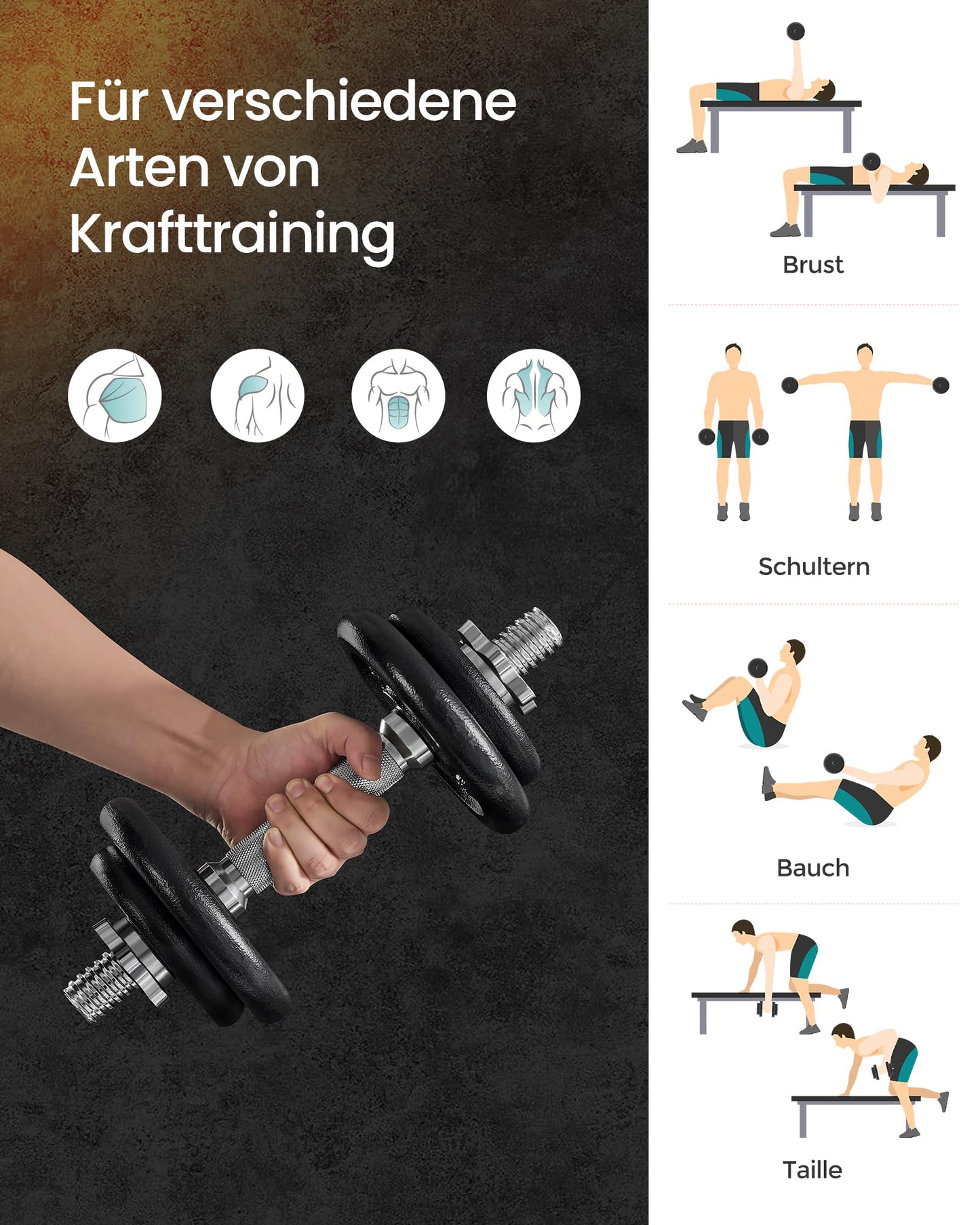 SONGMICS Dumbbells, Dumbbell Set made of cast iron, Dumbbells, 2 x 10 kg, adjustable, Workout, Fitness training, Weight lifting for home, gym, ink black SYL20T