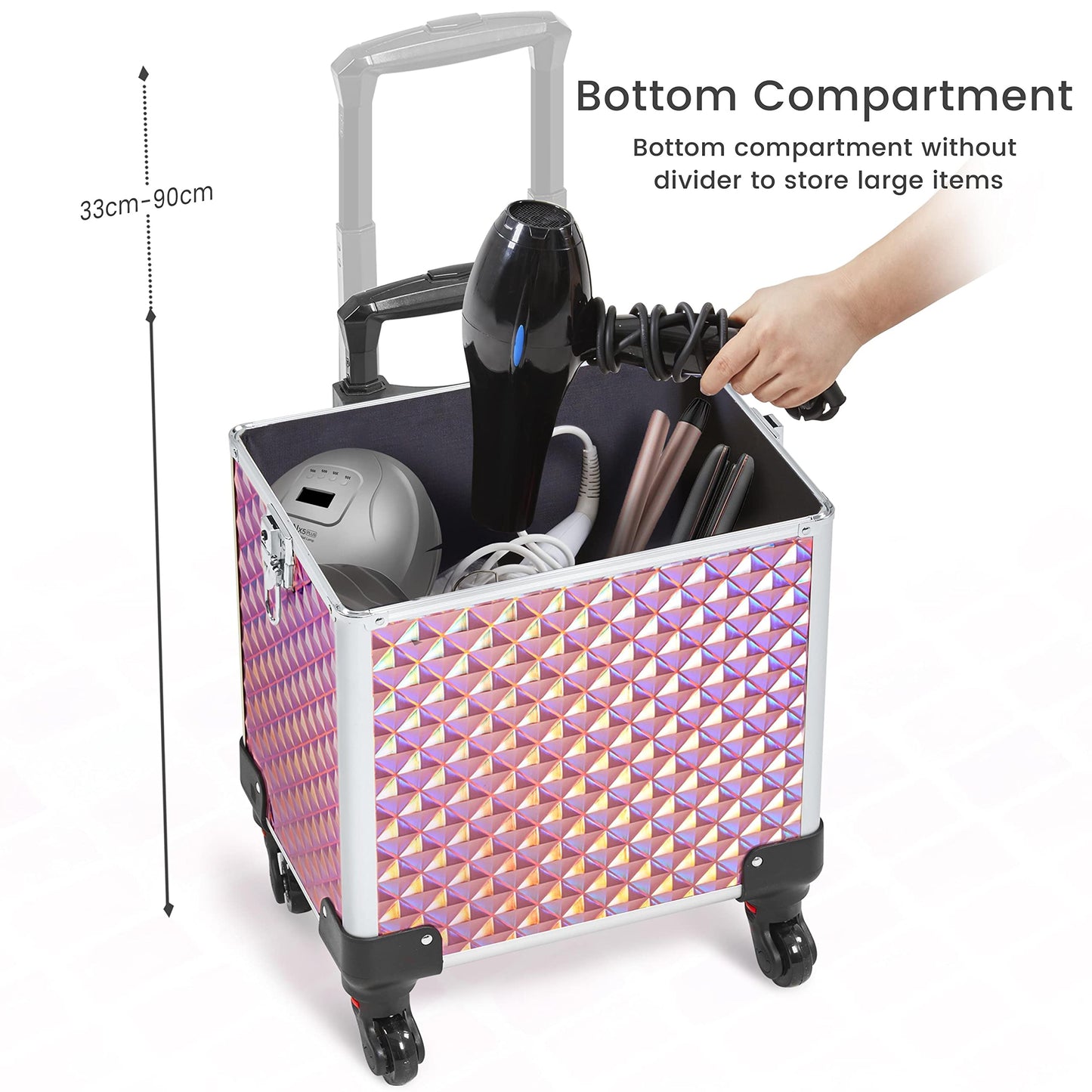 Yaheetech 4-in-1 Cosmetic Case, Trolley Makeup Case, Large Beauty Case, Lockable Multifunctional Hairdressing Case with Wheels and Drawer, Glittery Pink