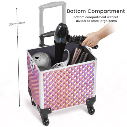 Yaheetech 4-in-1 Cosmetic Case, Trolley Makeup Case, Large Beauty Case, Lockable Multifunctional Hairdressing Case with Wheels and Drawer, Glittery Pink