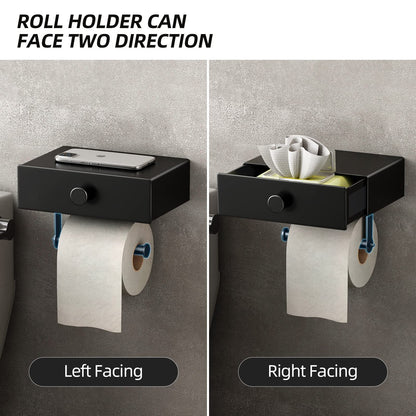 VOLDRA Toilet Paper Holder Without Drilling, Toilet Paper Holder With Wet Wipes Box Toilet Roll Holder With Drawer Shelf Paper Holder for Toilet & Bathroom - Wall Mount (Matte Black)