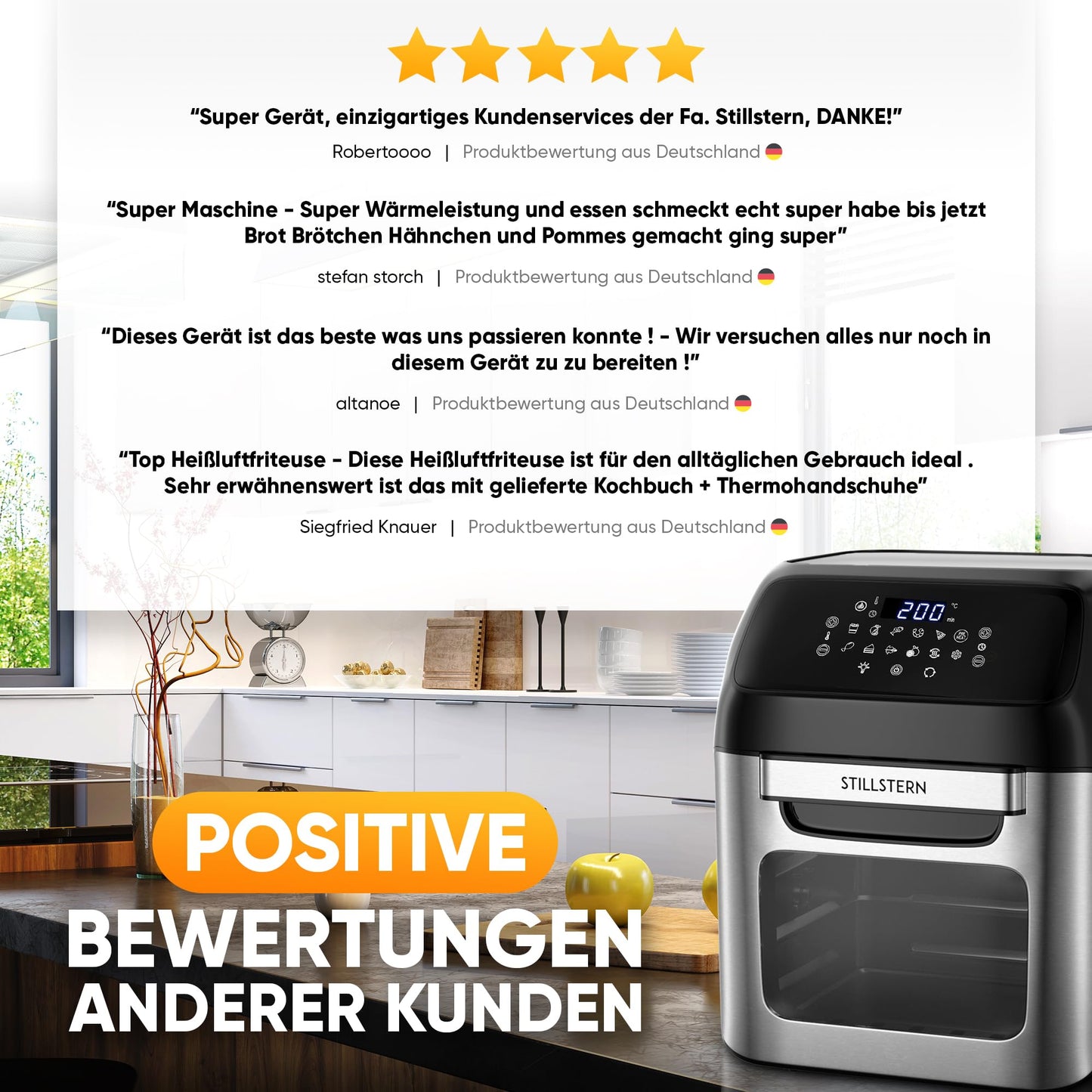 Stillstern Hot Air Fryer 12L with LED Touchscreen, XXL recipe book in German, 12 programs, preheat & keep warm, 1800W Hot Air Fryer Air Fryer XXL without oil dehydrating mini oven camping grill
