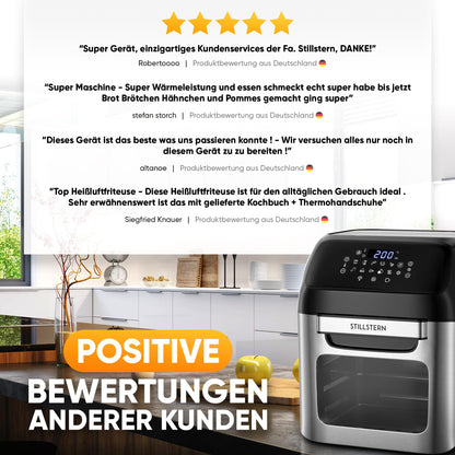 Stillstern Hot Air Fryer 12L with LED Touchscreen, XXL recipe book in German, 12 programs, preheat & keep warm, 1800W Hot Air Fryer Air Fryer XXL without oil dehydrating mini oven camping grill
