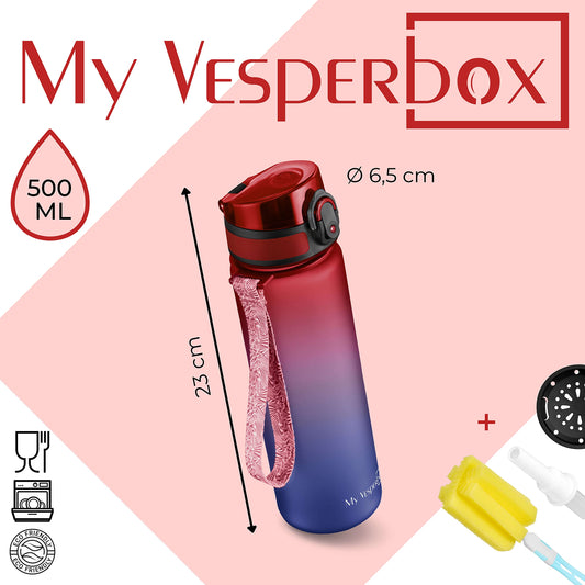 My Vesperbox Minny Kids Water Bottle 500ml - Leakproof & BPA-free - includes spare seal, cleaning brush, fruit infuser & optional straw - perfect for school, kindergarten & sports.