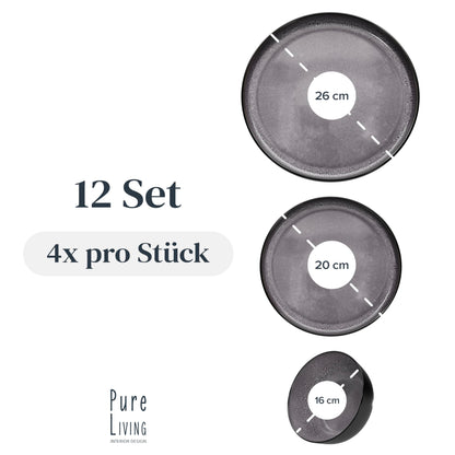 Stoneware dinnerware set for 4 people Ibiza 12 pcs. WINNER, Gorgeous Mediterranean Stoneware Dinnerware Set, Bowl and Plate Set, Tableware for 4 people, Pure Living dinnerware sets in grey.