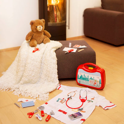 Theo Klein 4340 Doctor's Kit Deluxe I Includes doctor's costume with cap and face mask, metal stethoscope, smartphone with sound, pulse meter, and various accessories I Toy for children aged 3 years and older