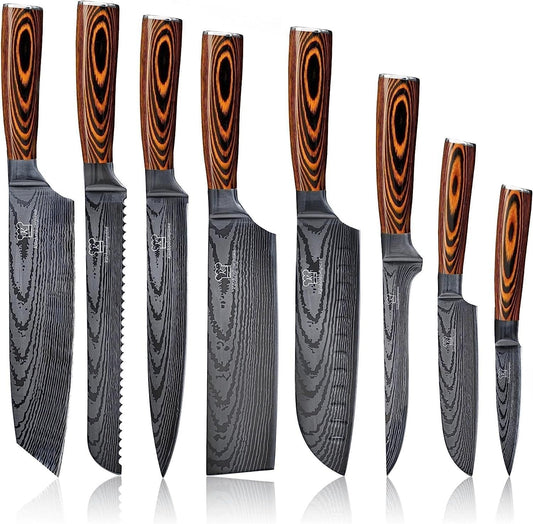 Kitchen companion - 8-piece stainless steel kitchen knife set in damask design with ergonomic Pakka wood handle and gift box - Sharp, durable knives for precise cutting - Designed in Germany.