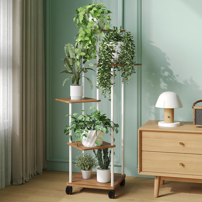 5-tier wooden flower shelf plant stand with optional wheels, multi-layered flower rack plant holder flower bench flower ladder plant ladder shelf for indoor garden balcony decor.