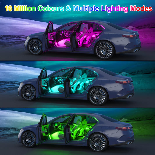YiLaie car interior lighting LED with APP control and 16 million colors, music mode, color memory, car interior accessories, gifts for men and women, DC 5V