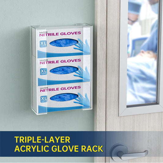 NiHome Wall Mount Glove Holder (for 3 boxes), Acrylic Glove Holder for disposable gloves and wipes, space-saving glove dispenser for kitchen, bathroom, lab, and garage.