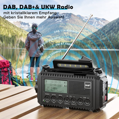 Crank radio DAB/FM, portable solar radio with LED flashlight & reading light, DAB+/FM dynamo radio IPX4, 5000mAh rechargeable emergency radio and SOS alarm. Suitable for hiking, camping, outdoor activities.