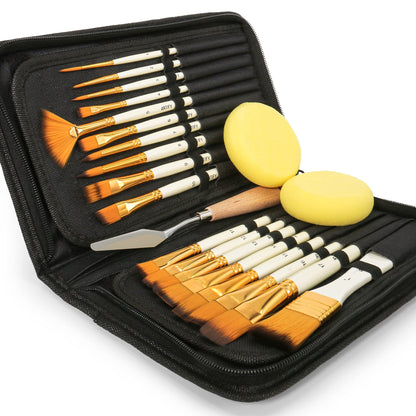 ARTIFY 18-piece brush set, suitable for acrylic, oil, gouache, watercolor brushes including pop-up carrying case with palette and 2 sponges - white.