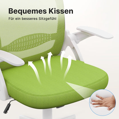 Naspaluro office chair, ergonomic desk chair with breathable mesh backrest, foldable armrests, adjustable height, computer chair, lightweight chair, 360° swivel chair, green.