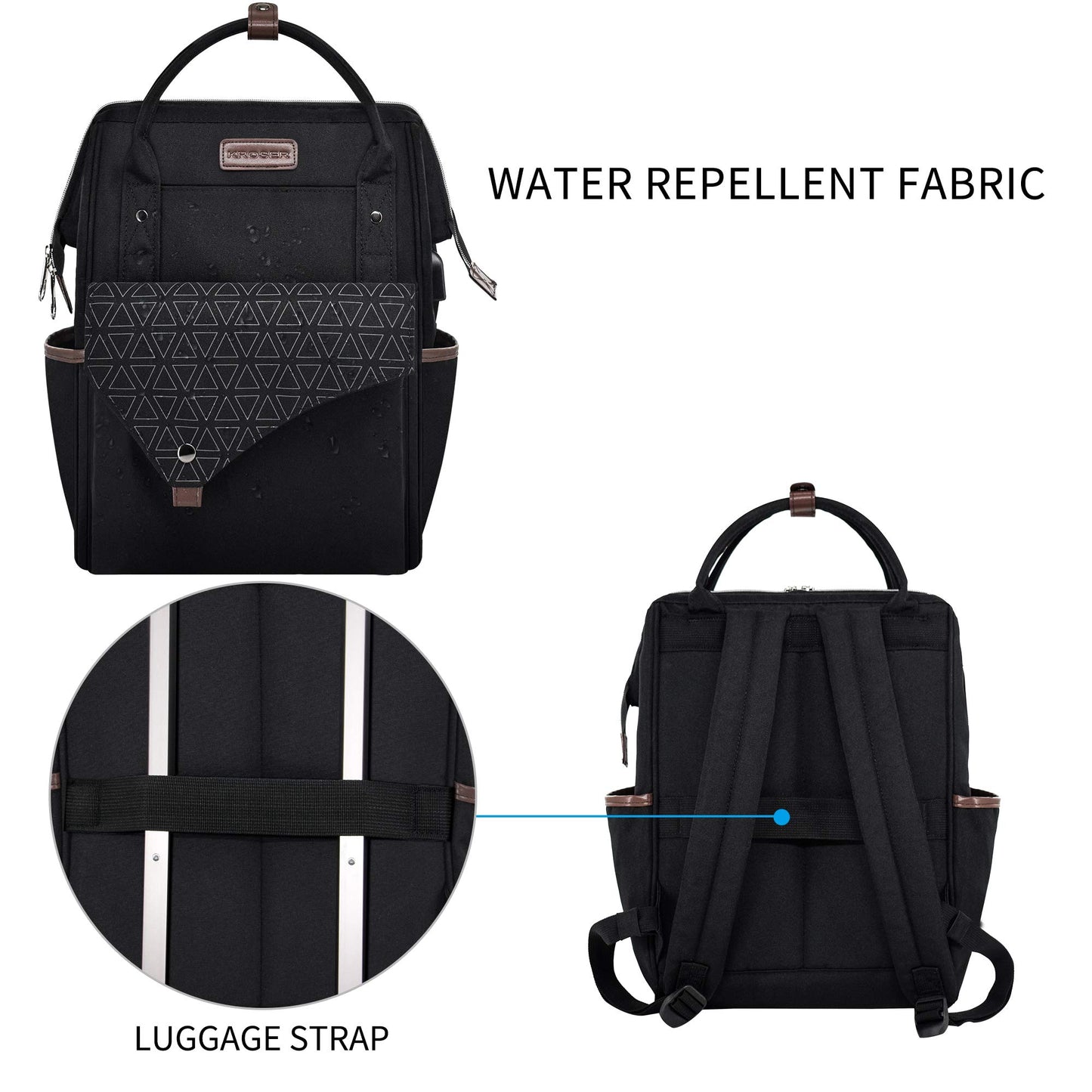 KROSER backpack for women, school laptop backpack 15.6 inch daypack waterproof for university/travel/business/work women/men, black.