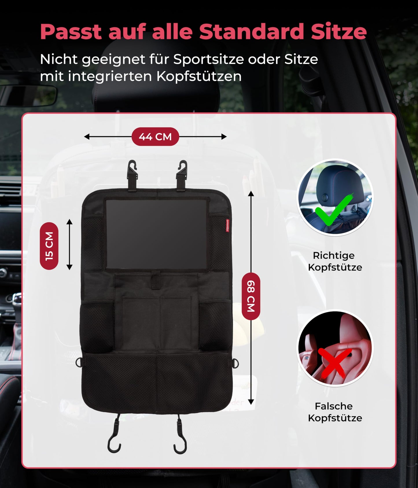 Heart child backrest protector and organizer. Car organizer with extra large 13" tablet compartment and 9 pockets. Seat protector with tablet holder for car rides with children. (1 piece)