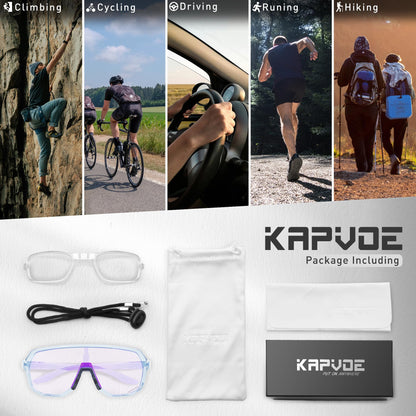 KAPVOE self-tinting cycling sunglasses for men and women. Ideal for fast cycling, running, and mountain biking with UV protection. Model K63.