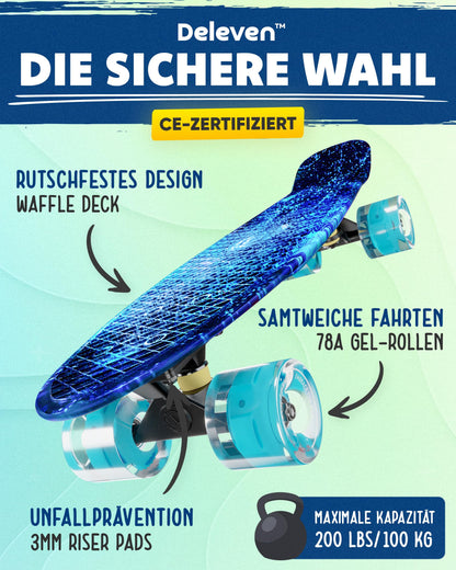 Deleven skateboard with LED wheels, skate tool, and ABEC 7 bearings - for kids and adults beginners - 56 cm