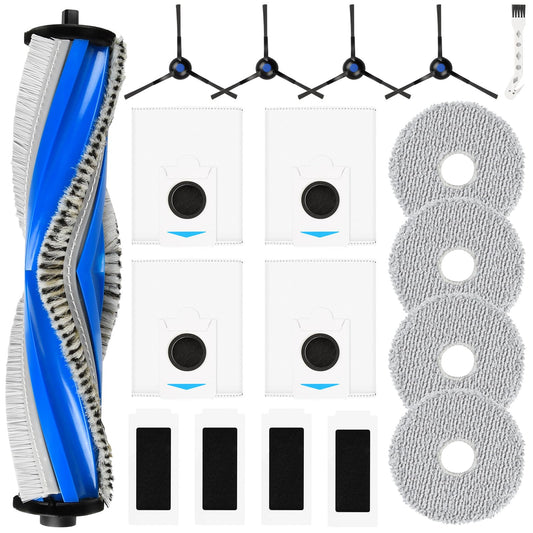 18 pieces of accessories for Ecovacs Deebot T30S Combo/ T30S Combo Complete robot vacuum, including 1 main brush, 4 dust bags, 4 wiping cloths, 4 filters, 4 side brushes, and 1 cleaning brush.