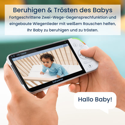 Babysense video baby monitor with camera, No Wi-Fi, 5.5-inch 1080p Full HD display, 6-color night light, 300m range, Two-way audio, 4X zoom, 5000mAh battery.