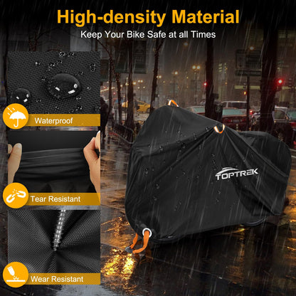 Toptrek bike cover made of 210D Oxford fabric for outdoor use. High-quality cover with lock holes and sun protection. Tear-resistant and includes a storage bag. Fits 3 bikes, dimensions 220x120x110cm.