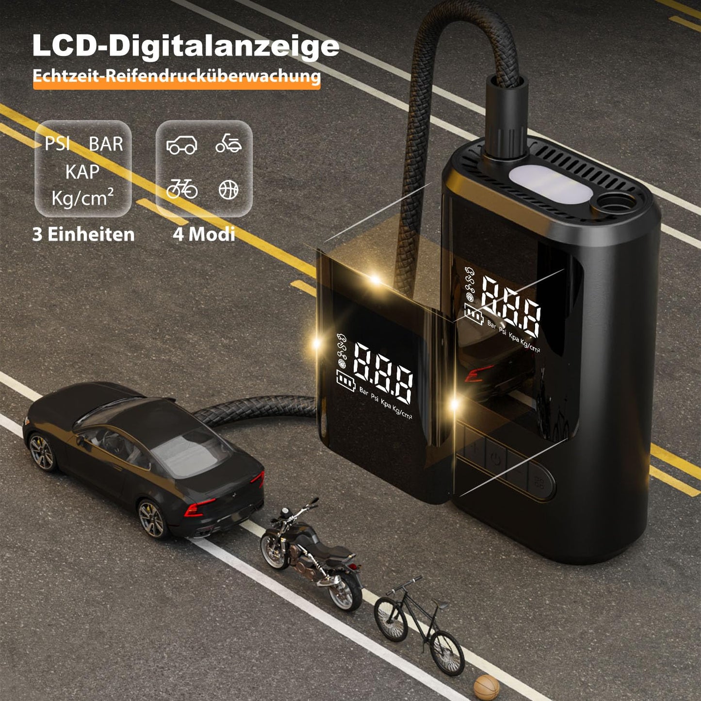 ZORUMAN 6000mAh Mini Portable Electronic Air Pump, 150PSI Battery, Electric Bike Pump with Digital Display and Emergency Lighting, Pump for Car, Motorcycle, Bicycles, Balls.