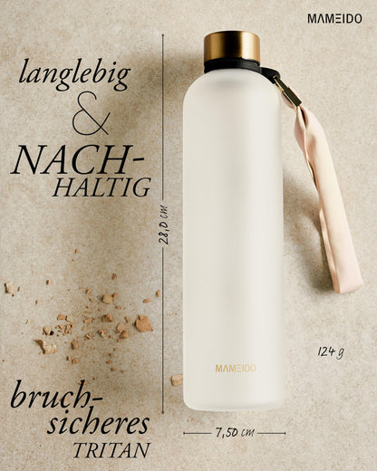 MAMEIDO 1L carbonation-friendly water bottle with leak-proof design, time markings, BPA-free for sports, gym & office (Frosted White Gold)