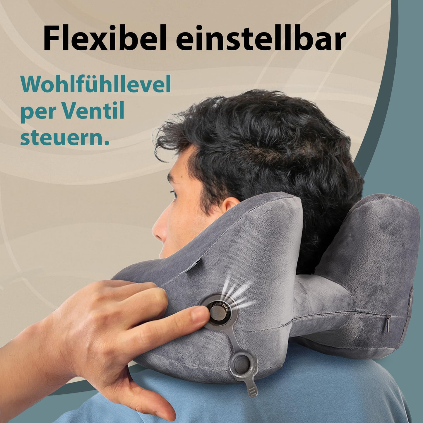 FLOWZOOM Inflatable Airplane Travel Pillow with H-Design, 5 Sleep Positions, and Hood in Grey.