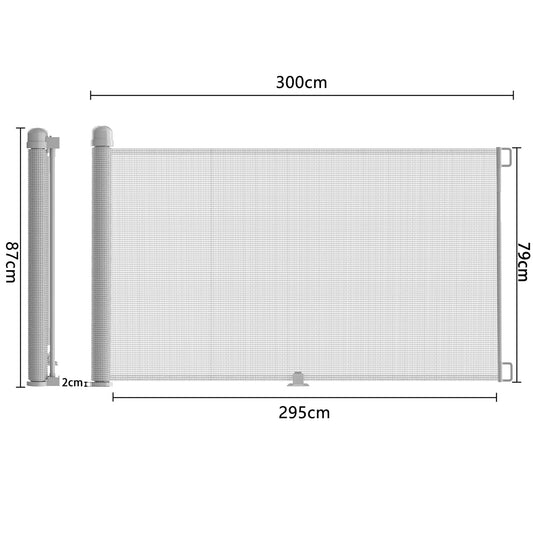 VA-Cerulean Stair Gate Door Gate Retractable for Kids and Baby, 300 cm Lockable Dog Gate Barrier, Stair Gate Pet Barrier, Gray