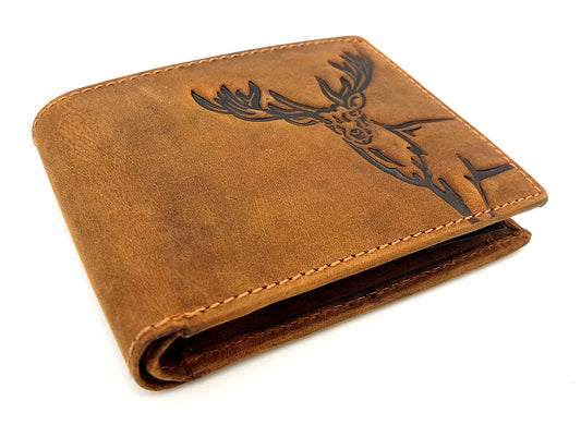 Jockey Club genuine Buffalo full grain leather wallet for men, natural Hunter leather wallet with RFID NFC protection deer