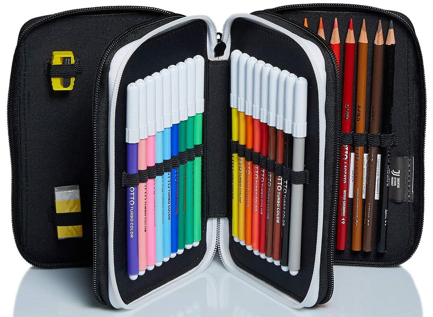 Seven Juventus pencil case, pen pouch for stationery, complete with pencils, markers, school supplies, with 3 compartments, girls, school - elementary school, XXL soccer black and white