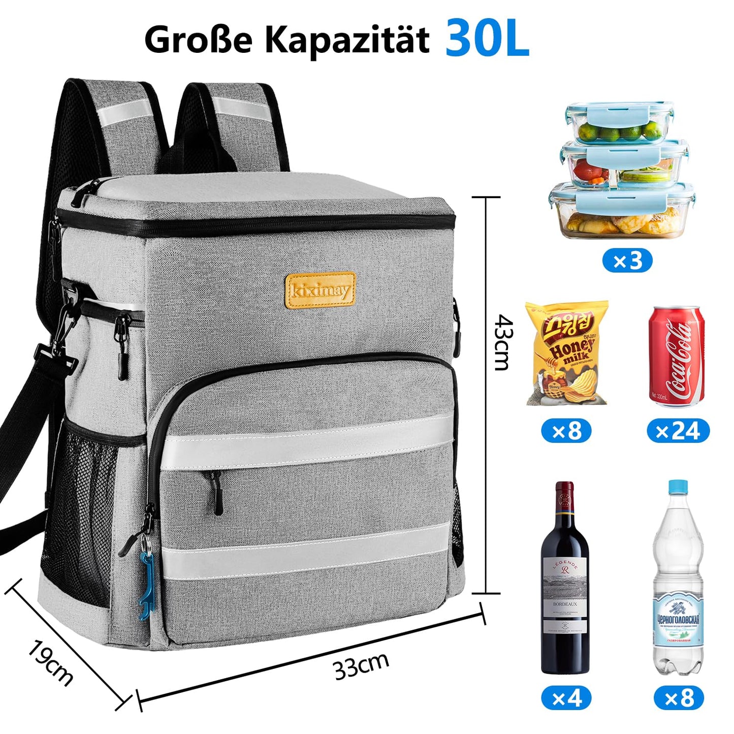 kiximay 30L Cooler Bag Large Foldable - Cooler Bag for Food & Drinks, Cooler Bag Picnic Bag, Insulated Thermal Bag, Car Cooler Bag for Beach/Picnic/Camping/BBQ