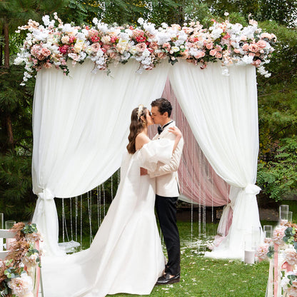 Fomcet 2.4 x 2.4m Wedding Arch Square Gold Adjustable Background Stand Metal Trellis Wedding with Base Portable Tube and Drapes for Birthday, Parties, Banquet Decorations