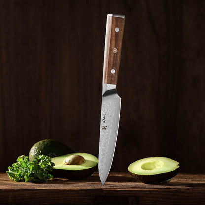 Wakoli Oribu Damascus Kitchen Knife Full Tang with 12.5 cm Blade - Herb knife made of 67 layers of Damascus steel with VG-10 core, knife with olive wood handle in gift box - Knife sharp chef's knife
